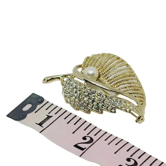 Vintage Gold Toned Leaf Brooch with Rhinestone and Faux Pearl Accent - Picture 6 of 7
